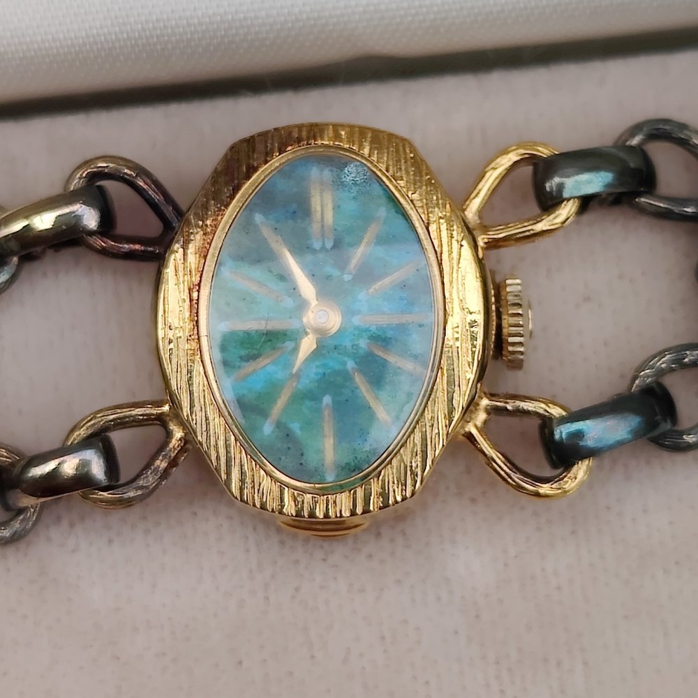 Antique 12K GF And Sterling Wells17 Jewels Chrysocolla Dial And Jade Watch - Picture 5 of 12